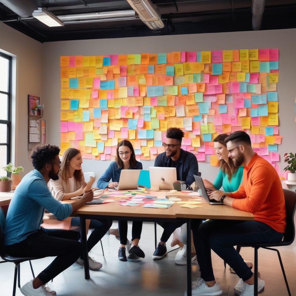 A dynamic workspace scene featuring a diverse group of content creators brainstorming around a large table, surrounded by colorful sticky notes, laptops, and coffee cups. Vibrant graphics of social media icons hover above them, symbolizing online engagement. A motivational quote about impactful content is displayed on a wall in the background. The atmosphere is collaborative and energetic. bright colors. 3D. modern design.