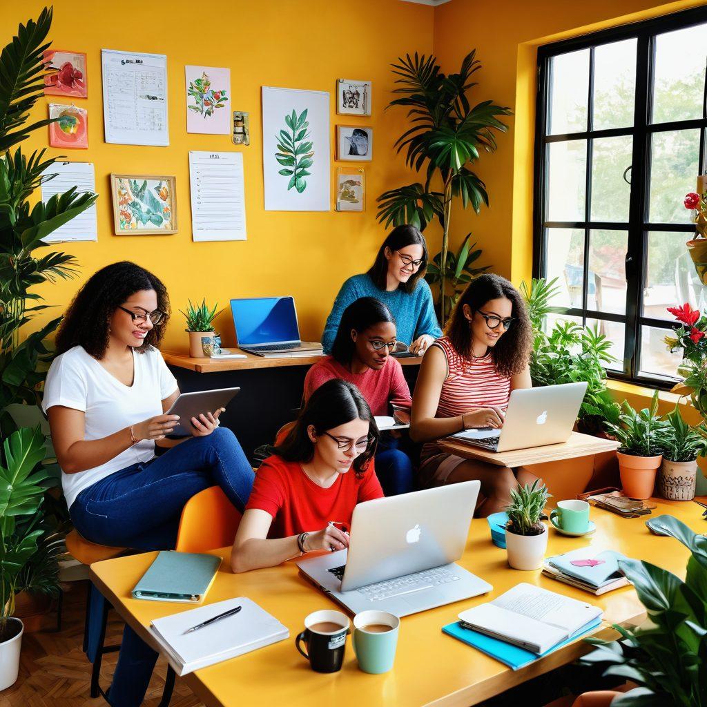 A vibrant, dynamic scene depicting a diverse group of bloggers passionately writing at their laptops in a cozy café setting filled with colorful decor. Include tools like notebooks, coffee cups, and plants to signify creativity and inspiration. In the backdrop, a whimsical blog post displayed on a digital screen, embodying the essence of online success. bright colors. modern illustration. energetic atmosphere.